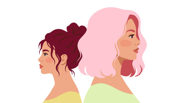 Multicultural women portraits in profile. Diverse female characters with different hairstyles and skin tones. Women diversity and representation concept. Modern flat vector illustration.