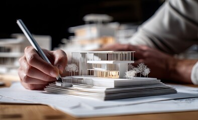 Fototapeta premium Person analyzes a detailed white architectural model with a pen in hand on a desk