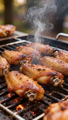 Chicken wings and meat pieces grilling on a charcoal barbecue with aromatic smoke. Image suitable for banner, restaurant menu, barbecue article, flyer, advertisement, or food website.
