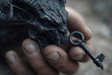 Obraz premium Human hand holding a menacing demon creature's head next to an old, dark metal key, symbolizing mystery and unlocking power