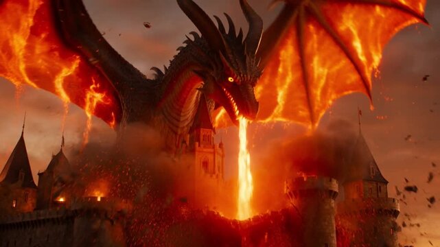 Dragon burning down medieval castle.