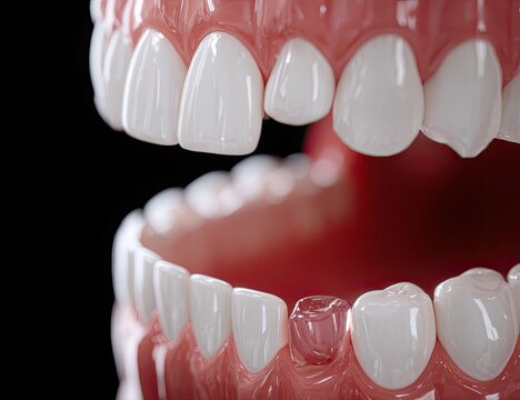 Close-up of a dental model showing white teeth and gums against a dark background