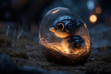 Robotic chick creature with large eyes emerging from a glowing, transparent egg in a bird nest, symbolizing future technology and new life