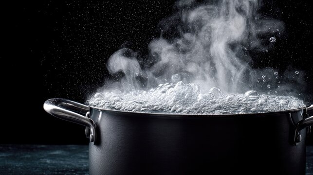 Steaming Hot Water Boiling in a Black Pot with Bubbling Surface and Dramatic Steam Clouds Rising Against a Dark Background