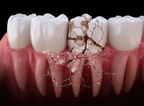 Rendering shows a cracked tooth amidst a healthy row of teeth against a dark background
