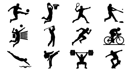 Collection of black silhouette icons representing various popular sports and athletic activities.