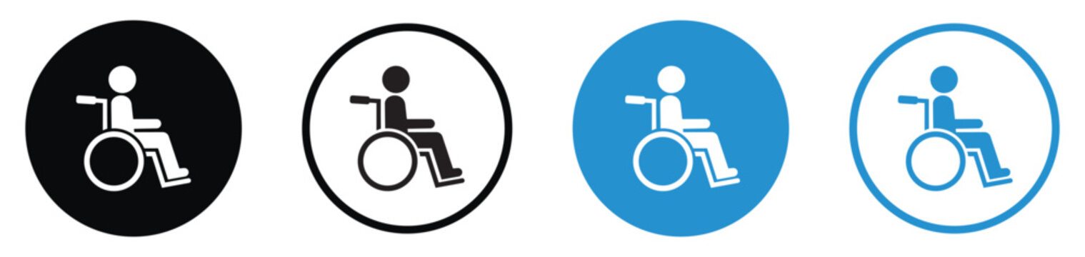 Minimalist round wheelchair accessibility icons in black and blue. Circular handicapped symbols for public signage, disabled parking, and inclusive design. Clean flat vector graphics.