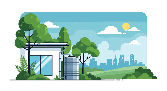 Modern vector illustration of rainwater harvesting tank beside eco home promoting water conservation and sustainable living