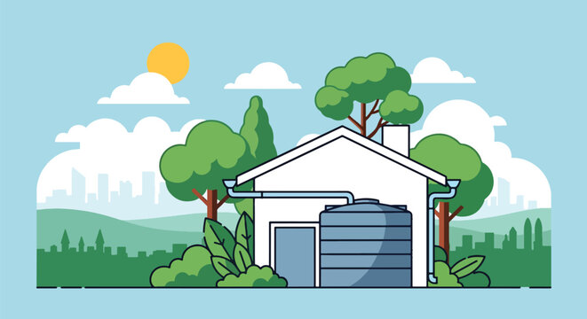 Modern vector illustration of rainwater harvesting tank beside eco home promoting water conservation and sustainable living