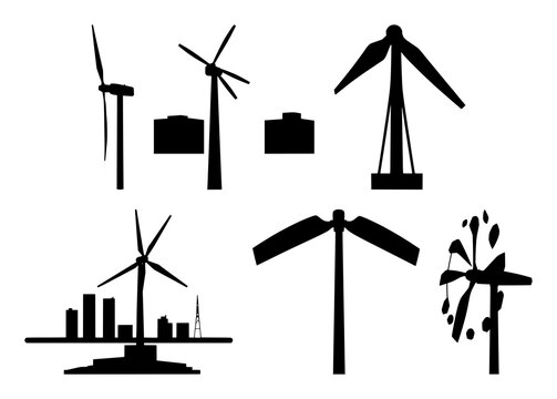 Vertical axis wind turbine set with a solid black silhouette featuring renewable energy, urban power generation, sustainable technology with modern design and geometric shape