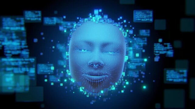 Advanced artificial intelligence digital human face glowing blue pixels floating code screens abstract tech background. Concept machine learning facial recognition future innovation.