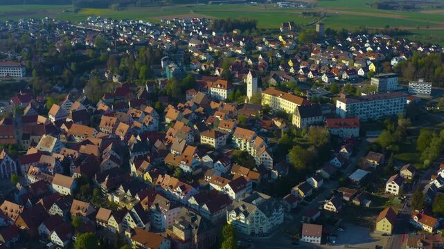 Aerial view of the city and old town in Pfullendorf in south Germany on a sunny afternoon in Spring 