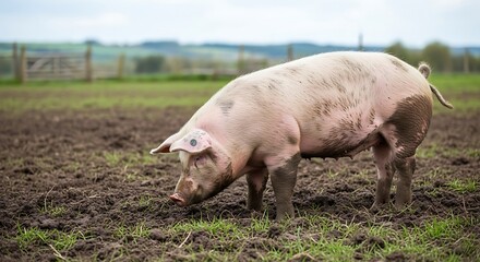 Large Pink Pig Sniffing Muddy Ground in Farm Field