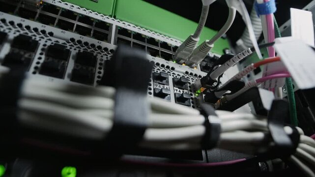 Low angle close up shot of ethernet cables plugged into network switch ports inside data center server rack, blinking indicator lights showing active network connectivity
