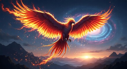 Majestic Phoenix Rising with Flaming Wings in Starry Mountain Sunset