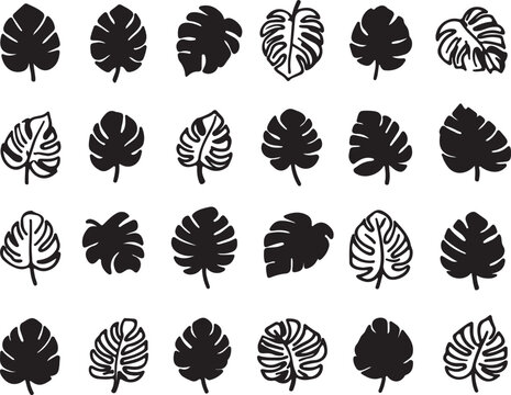 Monstera Leaf Silhouette Set, Tropical Jungle Leaves Collection, Minimal Black Botanical Icons Isolated on Light Background, Modern Nature Design Elements for Logo