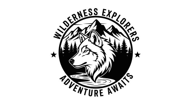 Monochrome wilderness adventure emblem with wolf, majestic mountains, pine forest, and river. Outdoor exploration badge design.