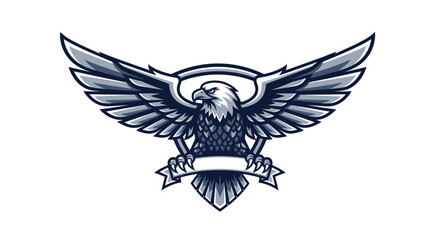 Obraz premium Powerful bald eagle mascot design with spread wings and banner, majestic animal symbol of strength, freedom, and leadership emblem