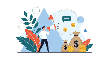 Fototapeta premium Financial investment concept featuring a man with a megaphone next to large money bags and coins against a modern geometric background.