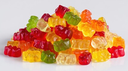Colorful pile of gummy bears on white background, sweet treats and candies