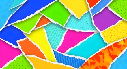 Fototapeta premium A dynamic abstract background featuring layers of bright, multi-colored torn paper pieces.