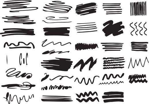 Hand Drawn Brush Stroke Set, Abstract Ink Scribbles and Doodle Lines Collection, Black Marker and Paint Strokes Isolated on White Background.