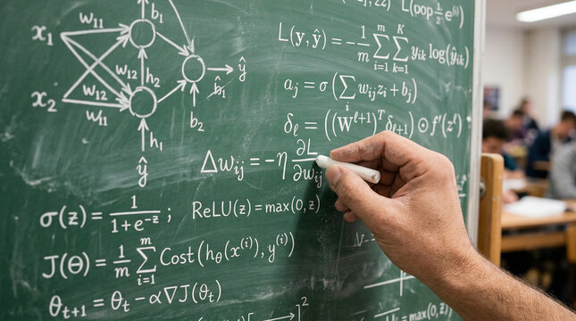 Artificial Intelligence Algorithm Equations Written on Chalkboard