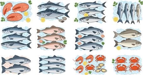 Fresh seafood market vector collection featuring salmon steaks whole fish crabs and shrimp on ice with lemon slices for grocery store culinary and healthy food illustration designs. © MdGohurul