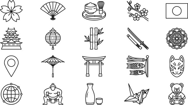 Japanese culture line icon set with sakura fan lantern torii katana origami sumo symbols traditional Japan outline vector collection