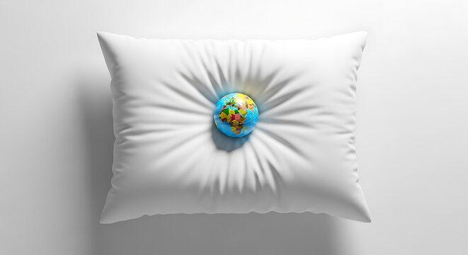 Earth globe resting on white decorative pillow with soft light and minimalist background for eco travel concept