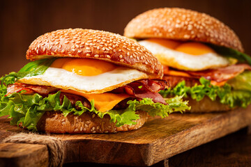 Two juicy burgers sit on a wooden board, each filled with lettuce, bacon, cheese, and fried eggs.