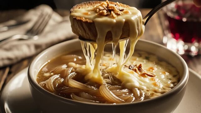 Close up of a bowl of soup with melted cheese and bread crouton