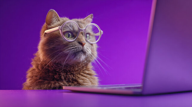 Curious cat funny pet smart glasses laptop computer purple background home office internet concept focused animal modern technology digital lifestyle curious cat wearing smart glasses sits near