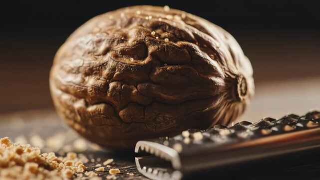 Close up of a nutmeg seed with shallow depth of field on a table