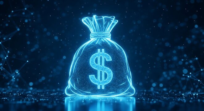 Digital rendering of a blue money bag with a dollar sign amidst a network