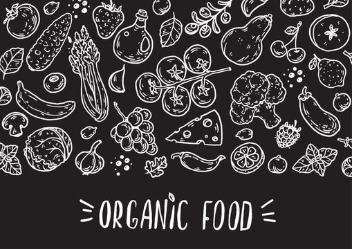 Organic food sketch doodles . Whimsical food doodles, Hand drawn vector illustration for menu, packaging design. Food quirky icons, simple sketch style. Top view. Chalkboard style
