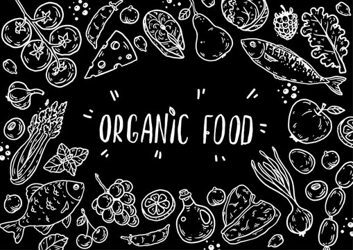 Organic food sketch doodles . Whimsical food doodles, Hand drawn vector illustration for menu, packaging design. Food quirky icons, simple sketch style. Top view. Chalkboard style