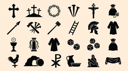 Fototapeta premium Collection of black silhouette icons representing various christian and biblical symbols on beige background