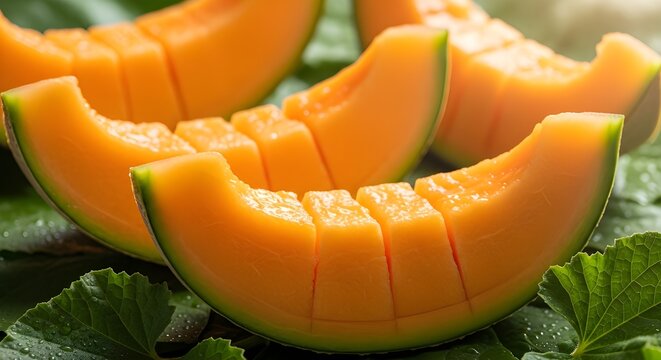 Sliced Yubari King Melon on Green Leaves, Fresh Macro Food Photography, Soft Sunlight, Realistic Texture