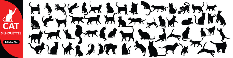Black cat silhouettes vector illustration, diverse feline poses artwork, decorative animal icons, playful pet design elements, artistic nature inspired graphics, creative feline motif © iconpower