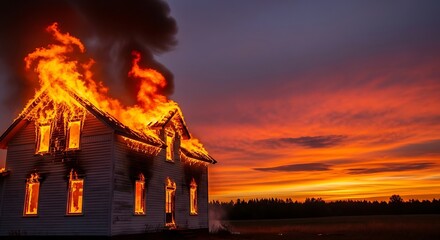 Dramatic image of a building engulfed in flames at sunset, with smoke billowing upwards