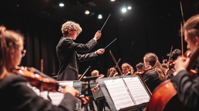 Orchestra conductor music performance concert violin cello youth baton stage focused youth conductor leads string orchestra stage during concert performance, expressive gesture guiding violin