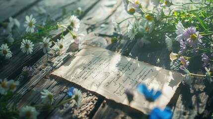 Fototapeta premium Vintage handwritten letter resting among daisies on wooden table