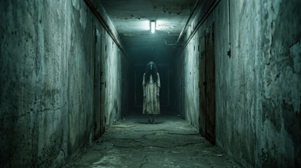 Scary ghost woman standing alone inside dark abandoned hallway looking creepy and eerie radiating an intensely terrifying emotion with shadowy horror figure blocking empty dirty corridor
