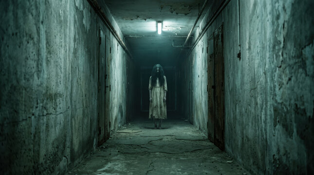 Scary ghost woman standing alone inside dark abandoned hallway looking creepy and eerie radiating an intensely terrifying emotion with shadowy horror figure blocking empty dirty corridor