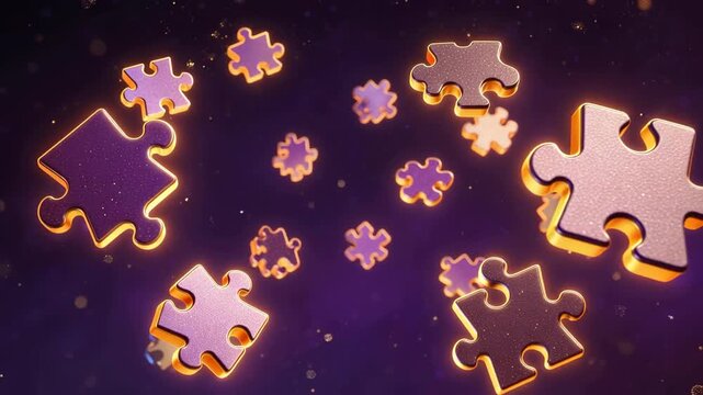 Glowing purple puzzle pieces floating in space with dark cosmic background and bright edges