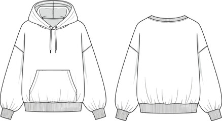 Fashion technical sketch of women's oversized hoodie with kangaroo pocket and drop shoulder cad drawing flat vector illustration flavector © Rotna creatives