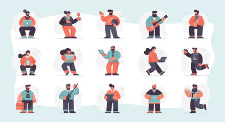 Fototapeta premium Diverse people engaged in various activities like working, reading, playing music, and using devices