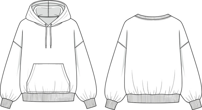 Fashion technical sketch of women's oversized hoodie with kangaroo pocket and drop shoulder cad drawing flat vector illustration flavector