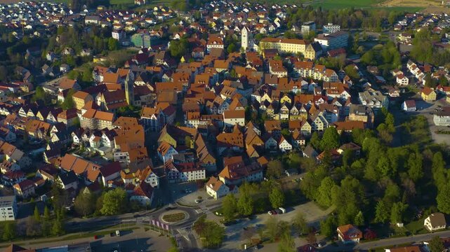 Aerial view of the city and old town in Pfullendorf in south Germany on a sunny afternoon in Spring 